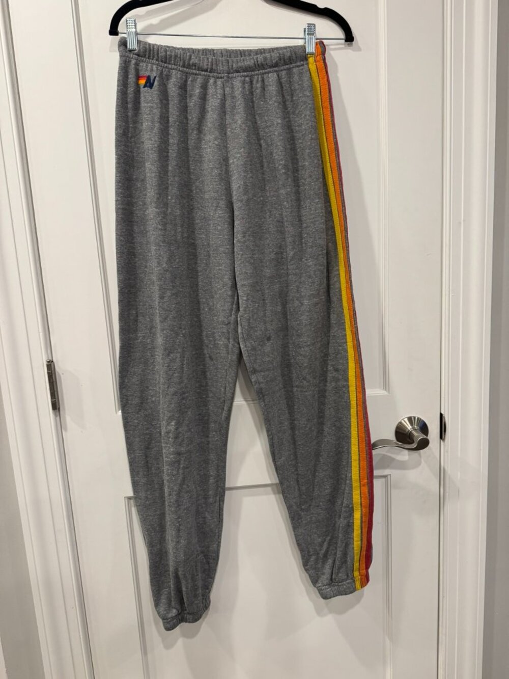Aviator Nation 5 Stripe Sweatpants Heather Gray Rainbow Stripes - Large